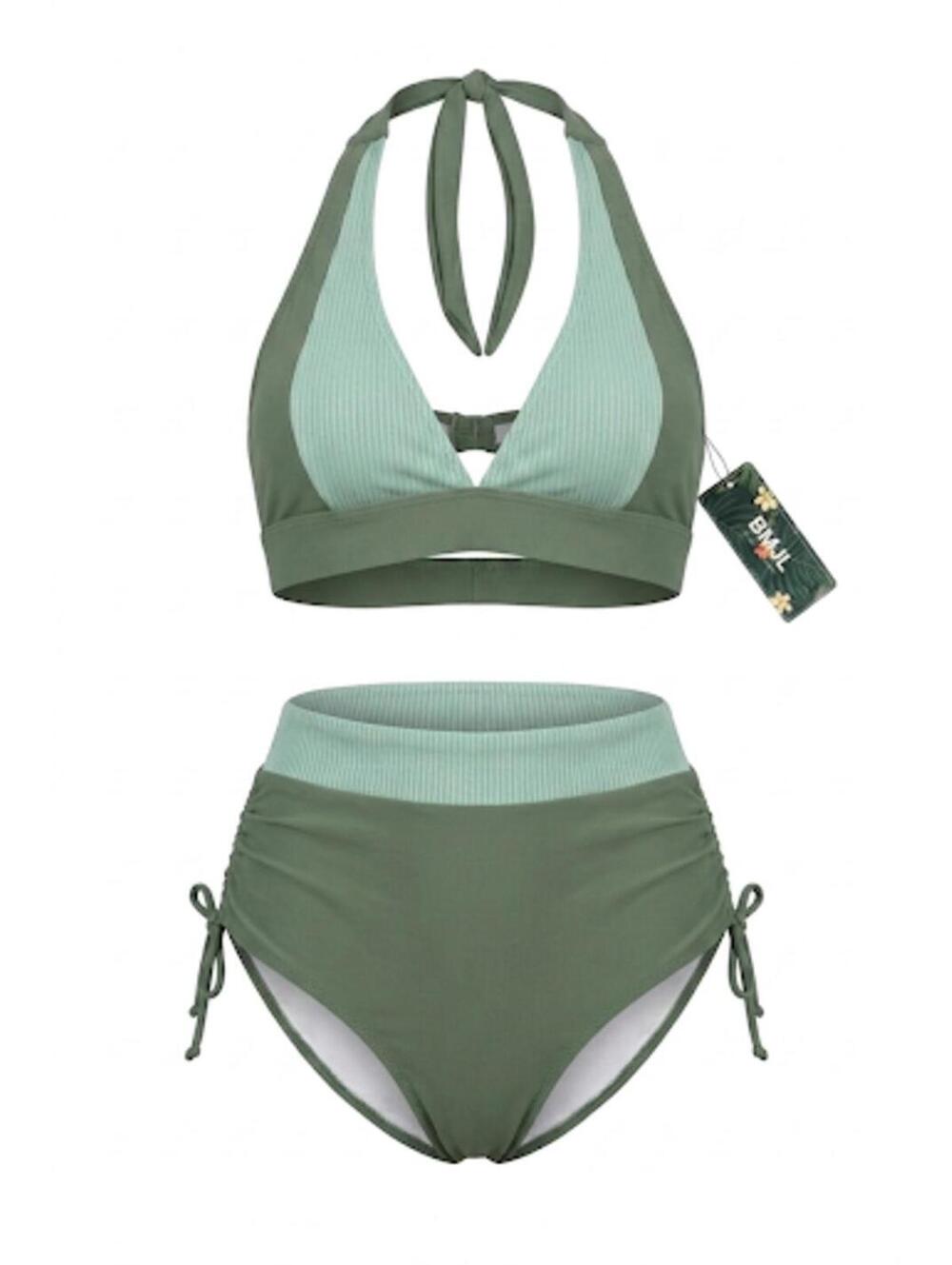 2/$30✨ NWT Olive Green Ribbed High Waist Bikini Set Halter Top Ruched Sides XS-S